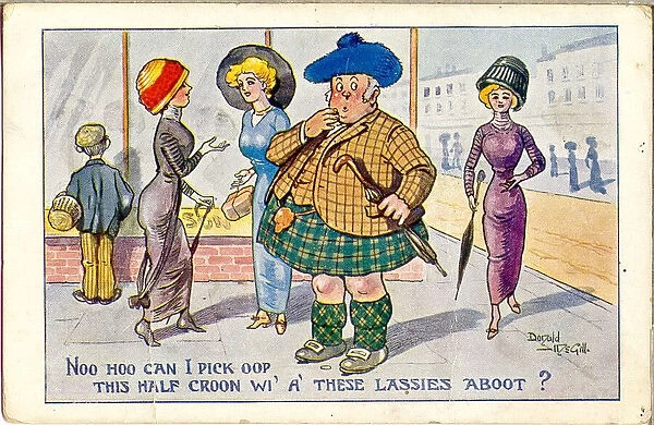 Comic postcard, Scotsman in the street - how to pick up a half crown