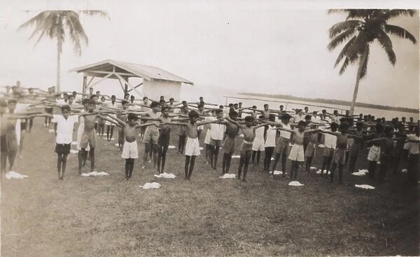 Scouts exercising at camp, Fiji, South Pacific