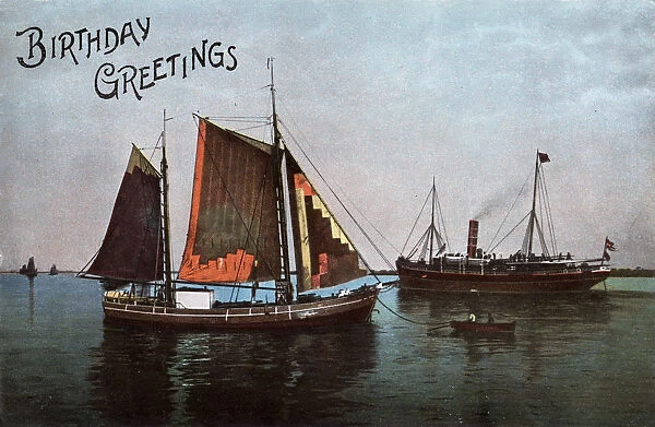 Thames wherry being passed by a steam ferry - Essex, England