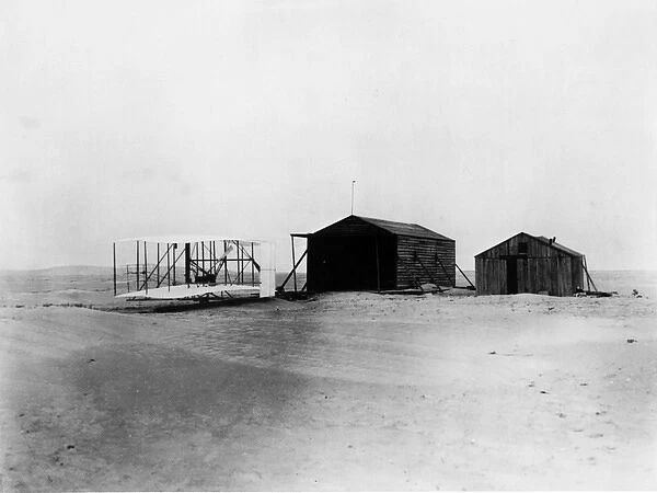 The Wright 1903 aeroplane and hangar at Kitty Hawk