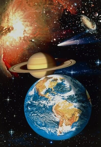 Artwork depicting universe: Earth, Saturn, Nebula