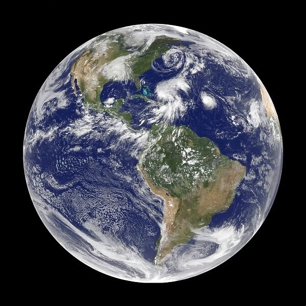 Earth with 5 hurricanes, satellite image