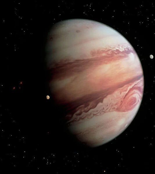 Jupiter. Artwork of the gas giant planet Jupiter and two of its moons