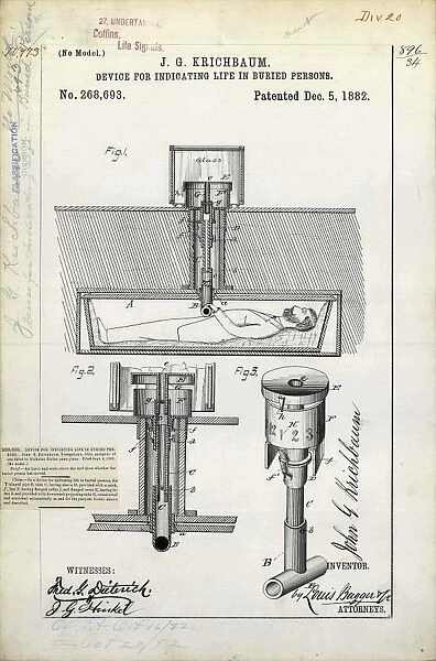 Life indicator for coffins patent, 1882 C024  /  3601