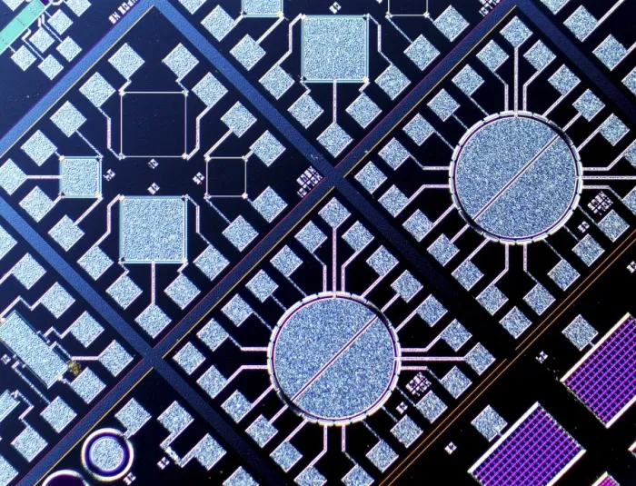 Framed Print : Surface of microchip, light micrograph C018  /  6399