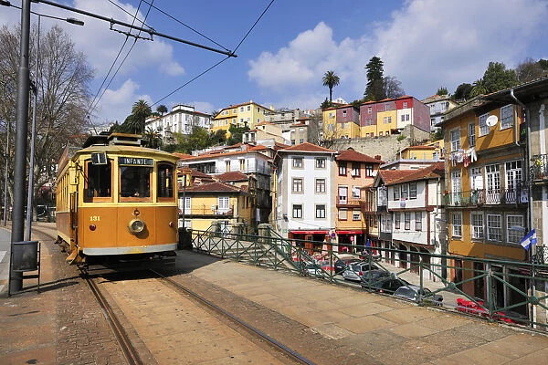 Tramway in the Miragaia traditional quarter. Oporto, Portugal
