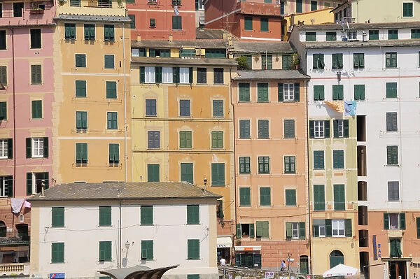 Italy, Liguria, Camogli, colourful houses in the harbour at Camogli