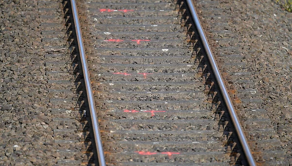 Marked railroad ties are pictured close to the scene where they found a body near