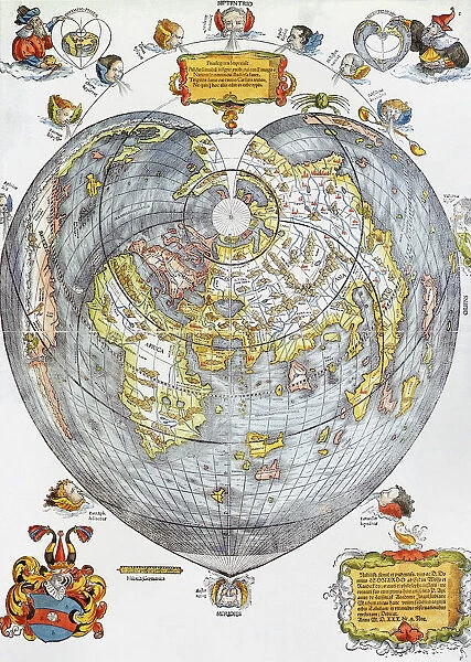 APIAN: WORLD MAP, 1530. Heart-shaped map of the world, with small portraits of Amerigo Vespucci