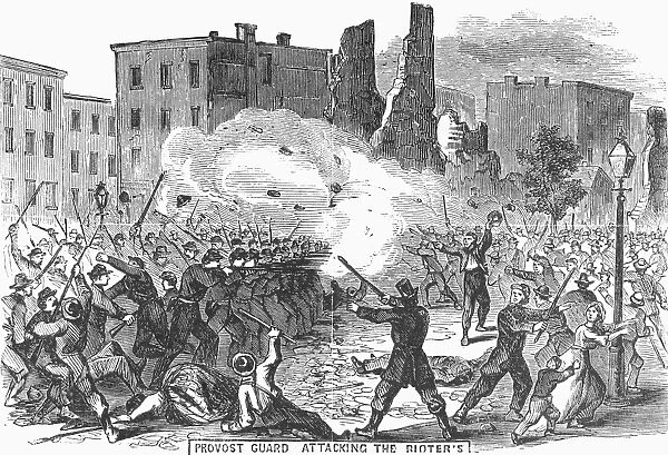 CIVIL WAR: DRAFT RIOTS. Provost Guard Attacking the Rioters during the New York City Draft Riots of July 13-16, 1863. Wood engraving from a contemporary American newspaper