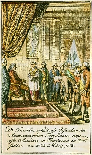FRANKLIN AT VERSAILLES. Benjamin Franklin, Silas Deane, and Arthur Lee of the American trade commission at the court of King Louis XVI of France, 1778: contemporary German engraving by Daniel Chodowiecki (1726-1801)