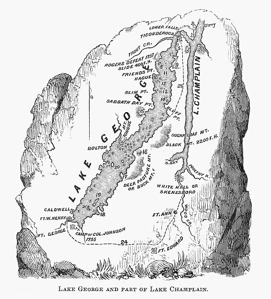 LAKES GEORGE AND CHAMPLAIN. Map of Lake George and Lake Champlain, New York, marked with places and events important during the French and Indian War in the 1750s. Wood engraving, American, 19th century