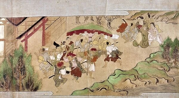 Peasants dance during a summer festival in front of a Shinto shrine. Japanese scroll painting, late-16th century
