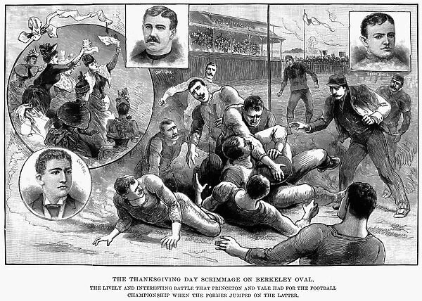 PRINCETON VS. YALE, 1889. The inter-collegiate championship game between Princeton and Yale held at Berkeley Oval, New York, on Thanksgiving Day, 1889, won by Princeton 10 to 0. Wood engraving from a contemporary newspaper