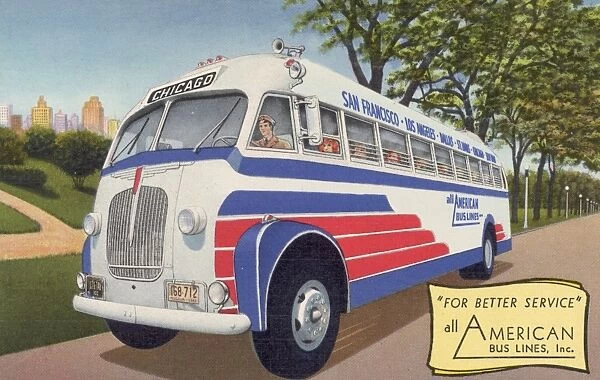Advertisement for All-American Bus Lines. ca. 1943, USA, COURTESY OF ALL AMERICAN BUS LINES. Serving New York, Chicago, St. Louis, Dallas, Phoenix, San Diego, Los Angeles, San Francisco and Intermediate Points. Americas Most Economical Trans-Continental Travel Service. Better Service-Ask Our Passengers