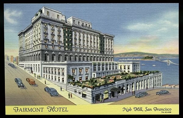 Fairmont Hotel on Nob Hill. ca. 1937, San Francisco, California, USA, FAIRMONT HOTEL. Atop Nob Hill. Overlooking San Francisco, The Bay Bridges, and The Great Golden Gate International Exposition of 1939