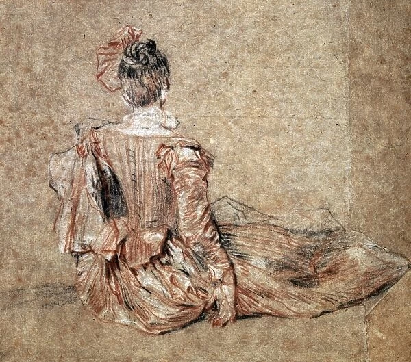 Seated woman viewed from the back. Drawing in black and red chalk. Jean-Antoine Watteau
