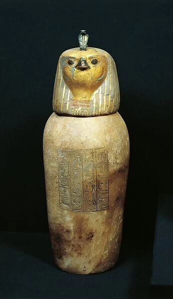 Treasure of Tanis, painted alabaster canopic jar of Psusennes I, falcon-headed Qebehsenuef conserving intestines