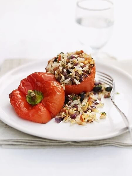 Turkish stuffed peppers on plate, with fork