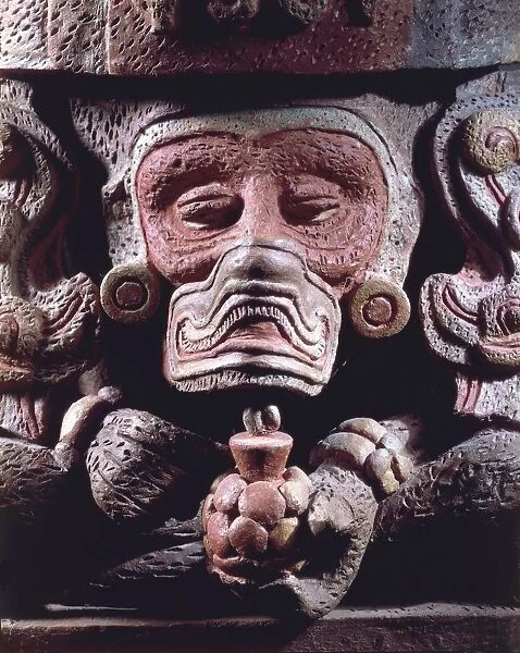 Zapotec civilization, Classic period (200-900). Anthropomorphic painted terracotta vase depicting the god of fire with features of a monkey, detail, the face