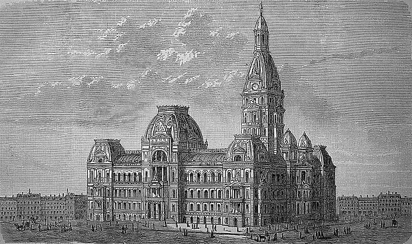 The Town House of Chicago, USA, in 1880, Historic, digital reproduction of an original 19th century artwork