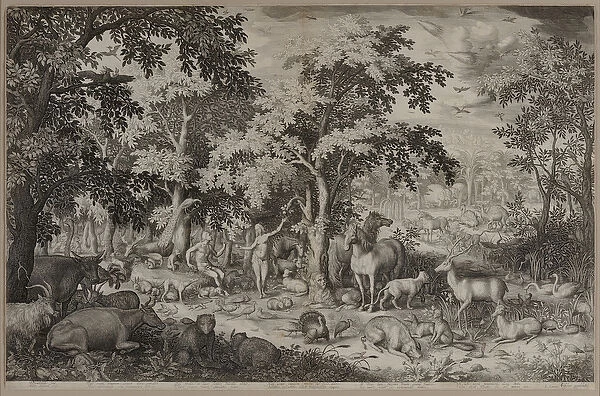 Adam and Eve in the Garden of Eden surrounded by trees and wildlife (engraving)