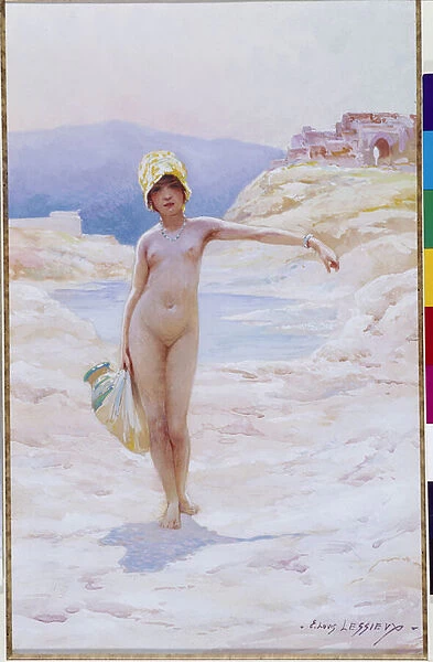 Algerian girl has the jug A naked girl wearing a hat wearing a jug of water near a water source of an oasis in the desert. Watercolour by Louis Ernest Lessieux (1874-1925) Mandatory mention: Collection fondation regards de Provence, Marseille