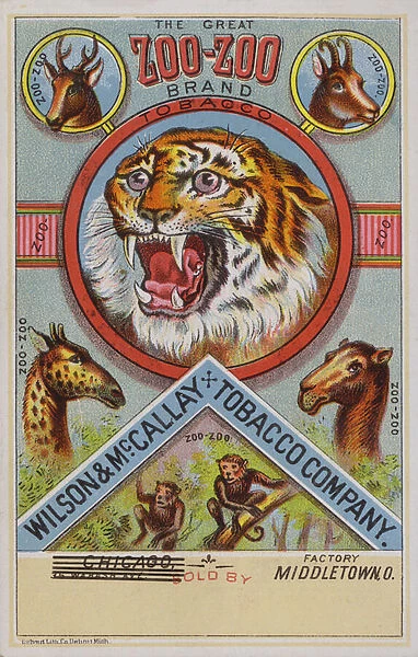 American trade card advertising Zoo-Zoo tobacco (chromolitho)