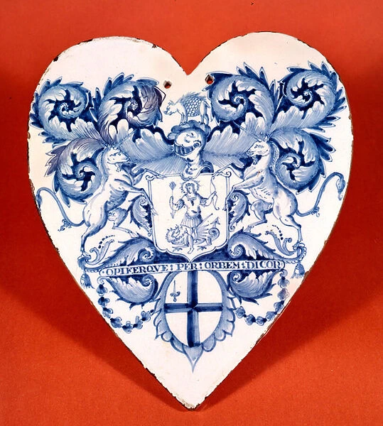 Apothecary tile displaying the coat of arms and motto of the Worshipful Society of Apothecaries of London (ceramic)