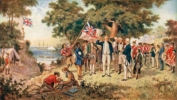 Captain Cook Taking Possession of the Australian Continent on Behalf of the British Crown, 1770 (colour litho)