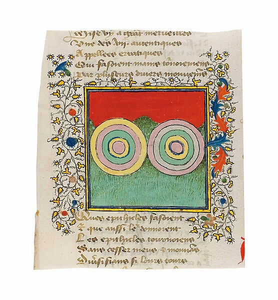 The Creation of the Epicycles, miniature on a cutting from Guillaume de Digulleville