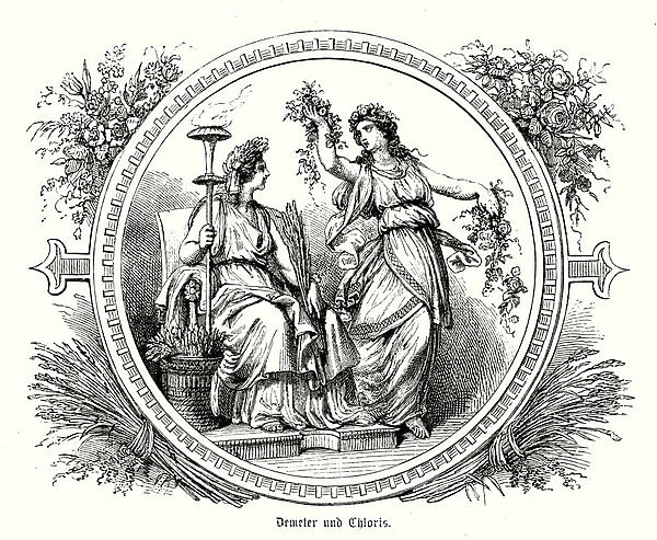 Demeter, Ancient Greek goddess of the harvest and agriculture, and the nymph Chloris (engraving)
