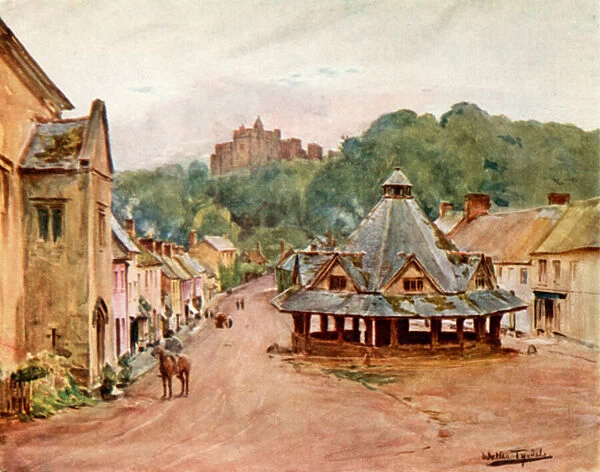 Dunster Castle and Yarn Market (colour litho)