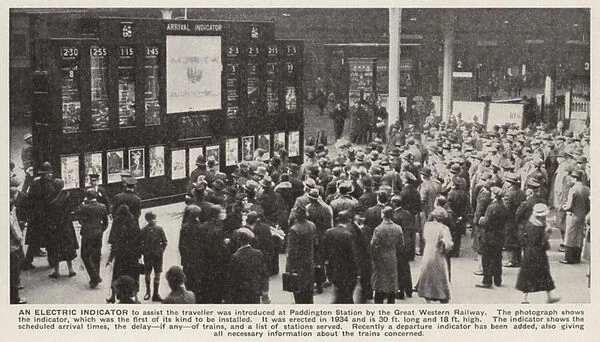 Electric arrivals indicator board at Paddington Station, the London terminus of the Great Western Railway (b  /  w photo)