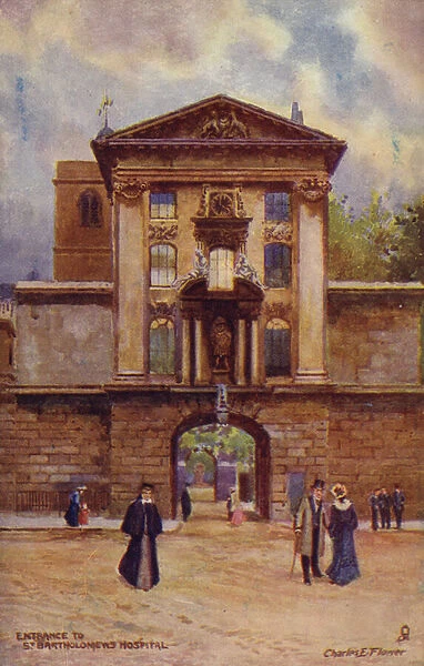 Entrance to St Bartholomews Hospital in London (colour litho)
