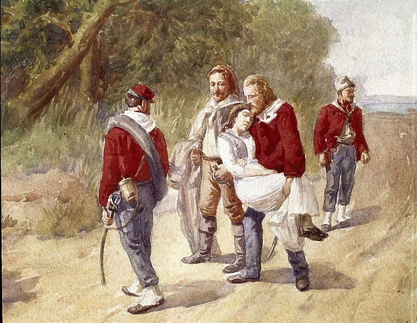 The Italian patriot Giuseppe Garibaldi transports his wife Anita suffering from tiphoid to Ravenna in 1849 (Watercolour)