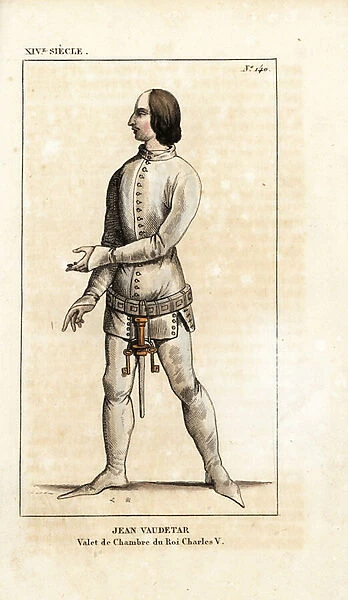 Jean de Vaudetar, chamberlain to King Charles V, 14th century. He wears a simple white buttoned tunic and stockings, with dagger and keys hanging from his belt. From the Gaignieres collection
