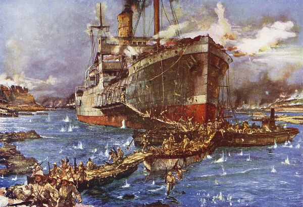 The landing of troops from the River Clyde at V Beach, Gallipoli Peninsula, Turkey, 25 April 1915 (colour litho)