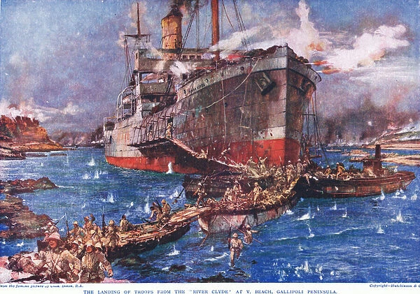 The Landing of troops from the River Clyde at V Beach, Gallipoli Peninsula