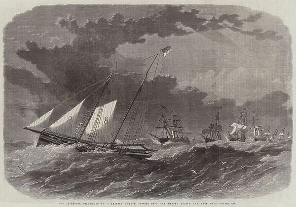 The Liverpool Pilot-Boat No 8, leading Twelve Vessels into the Mersey during the Late Gale (engraving)