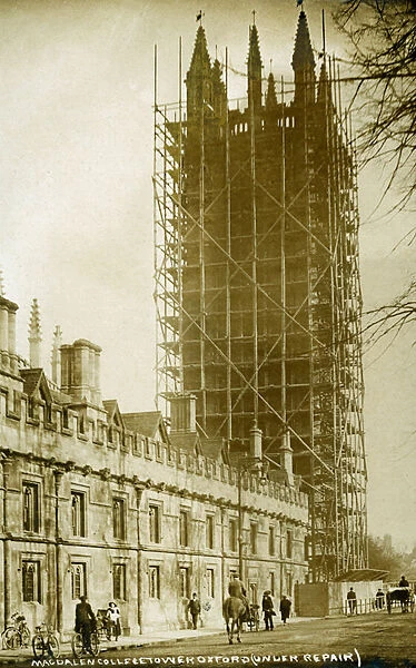 Magdalen College Tower under repair, Oxford (b  /  w photo)