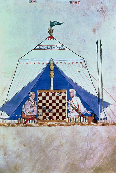 A Moor and a Christian playing chess in a tent, from the Book of Games, Chess, dice and Boards, 1282 (vellum)