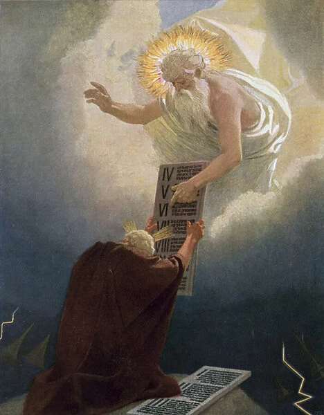 Moses receiving the Ten Commandments from God on Mount Sinai (colour litho)