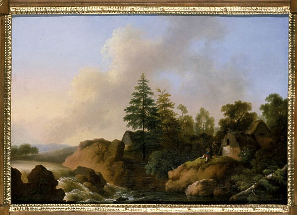 Moutainous landscape with waterfall (oil on wood)