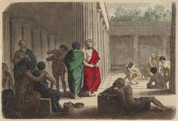 Scene in a gymnasium in Ancient Greece (coloured engraving)