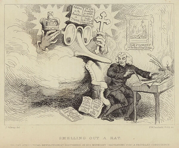 Smelling out a Rat: Welsh philosopher, nonconformist preacher and pamphleteer Richard Price startled by a giant bespectacled nose representing Edmund Burke catching him at work surrounded by evidence of sedition against the church and state