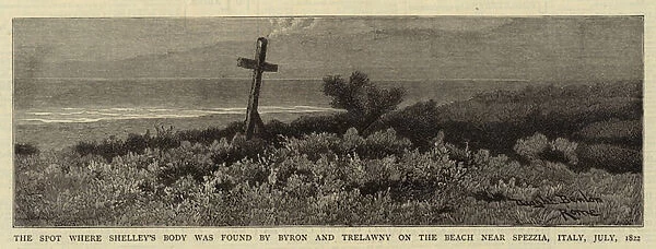 The Spot where Shelleys Body was found by Byron and Trelawny on the Beach near Spezzia, Italy, July 1822 (engraving)