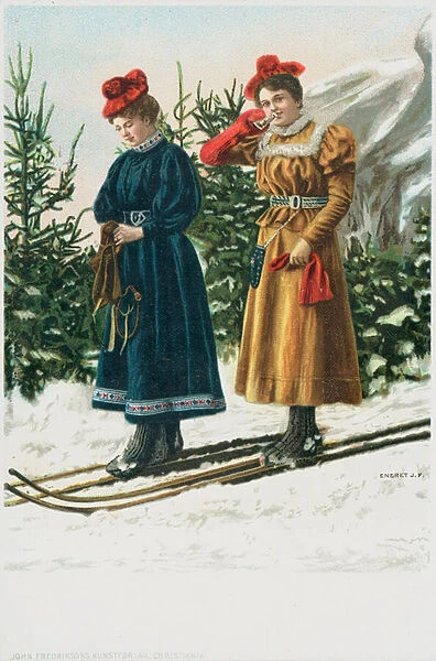 Two women on skis as they ski down a snowy landscape (colour litho)