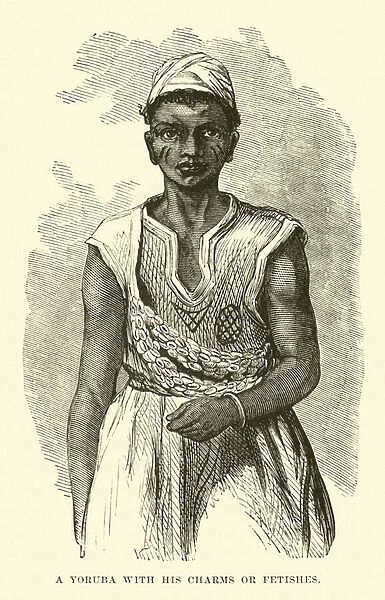 A Yoruba with his charms or fetishes (engraving)