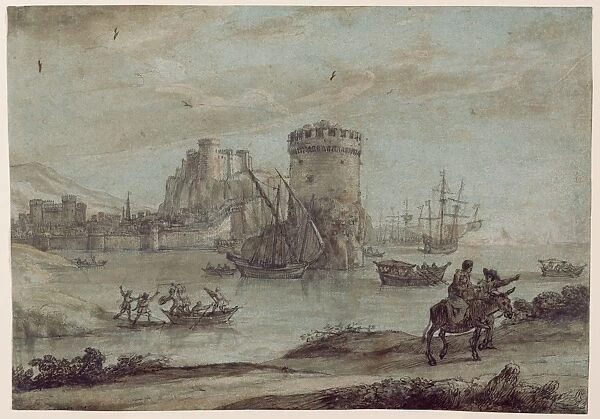 Figures in a Landscape before a Harbor